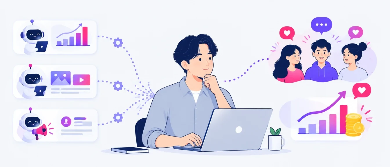 팬그로스 마케터가 노트북으로 퍼포먼스·콘텐츠·브랜드 마케팅 AI를 자동으로 돌리면서, 턱을 괴고 고객과의 소통·참여와 매출 전환을 직접 고민하는 모습